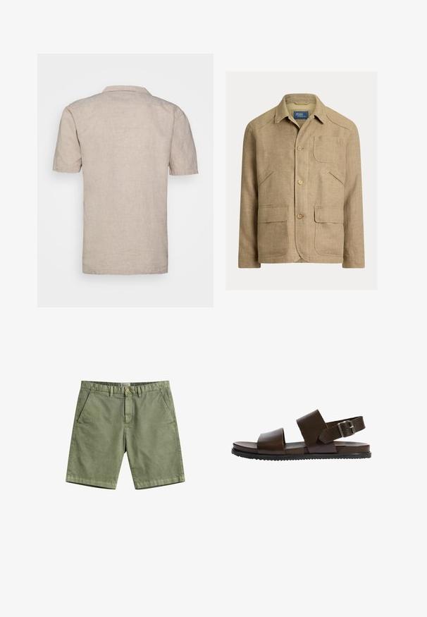 Veste en lin beige avec col, trois boutons sur le devant et quatre poches — une poitrine et trois poches avant inférieures.; Chemise en lin beige à manches courtes avec un col, dotée d'un tissu texturé et d'un ourlet droit, sans motifs visibles ni accents.; Shorts décontractés vert olive avec poches avant, passants pour ceinture, et une fermeture à bouton unique.; Sandales en cuir marron avec deux larges brides et une bride arrière à boucle. Caractéristiques d'une semelle plate avec un motif texturé pour une meilleure adhérence.