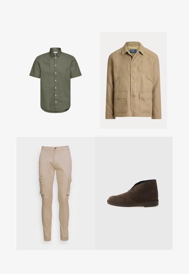 Veste en lin beige avec col, trois boutons sur le devant et quatre poches — une poitrine et trois poches avant inférieures.; Chemise boutonnée à manches courtes, verte olive, col pointu et boutons blancs, design uni, vue de face, sans motifs ni logos visibles.; Pantalons cargo beiges en coton, à coupe slim, avec plusieurs poches et chevilles fuselées, conçus pour l'utilité et le confort.; Botte cheville en daim marron avec deux œillets, talon bas et semelle cousue sur un fond gris clair uni.