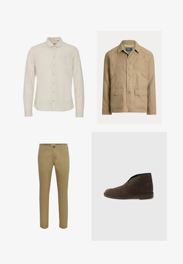 Veste en lin beige avec col, trois boutons sur le devant et quatre poches — une poitrine et trois poches avant inférieures.; Chemise à manches longues beige clair avec un col boutonné, poche poitrine simple et texture subtile. Fermeture à boutons sur le devant.; Pantalon droit beige en mélange de coton doux, avec fermeture à bouton, passants de ceinture et poches avant et arrière. Texture lisse.; Botte cheville en daim marron avec deux œillets, talon bas et semelle cousue sur un fond gris clair uni.