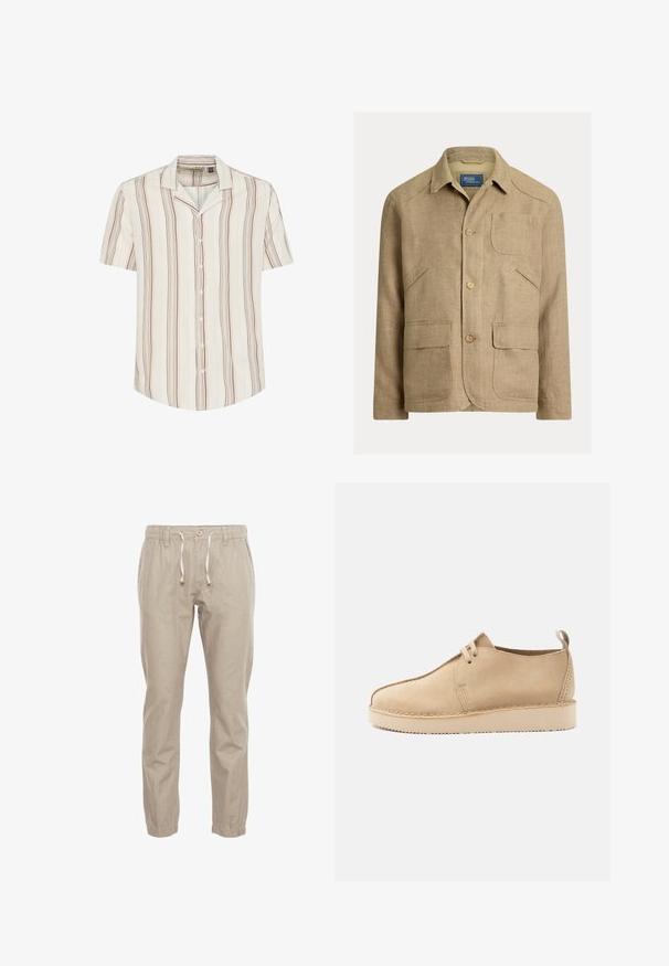 Veste en lin beige avec col, trois boutons sur le devant et quatre poches — une poitrine et trois poches avant inférieures.; Chemise à manches courtes, boutonnière, de couleur crème clair avec des rayures verticales brunes et jaune pâle. Tissu doux avec une coupe décontractée et un col.; Pantalons légers beiges avec une taille élastique, un cordon de serrage et des jambes fuselées se terminant par des poignets élastiques. Texture du tissu simple et lisse.; Chaussure beige en daim à lacets avec bout arrondi, semelle épaisse, et languette de tirage au talon, présentée de profil sur un fond blanc.