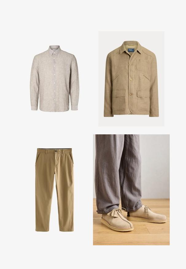 Beige Leinenjacke mit Kragen, drei vorderen Knöpfen und vier Taschen – eine Brusttasche und drei untere vordere Taschen.; Helles graues Leinenhemd mit langen Ärmeln, geknöpftem Kragen und vorderer Knopfleiste. Textil mit einer dezenten Struktur.; Beige Freizeithose mit Knopf- und Reißverschluss, Gürtelschlaufen und seitlichen Vordertaschen, auf weißem Hintergrund dargestellt.; Beige Wildlederschuhe mit runder Zehenpartie, Schnürdetails und genähten Akzenten, kombiniert mit lockeren grauen Leinenhosen auf einem Holzboden.