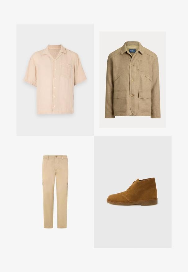 Beige Leinenjacke mit Kragen, drei vorderen Knöpfen und vier Taschen – eine Brusttasche und drei untere vordere Taschen.; Kurzärmeliges, hellbeiges Leinenhemd mit spitzem Kragen, Knopfleiste und Brusttasche. Weiche Textur und lockere Passform.; Beige Cargo-Hosen aus Baumwolle mit geradem Bein, zwei Seitentaschen und einem Knopfverschluss an der Taille. Glatte Textur.; Brauner Wildleder-Wüstenstiefel, knöchelhoch, mit zwei Ösen und Krepsohle auf schlichtem hellgrauem Hintergrund.