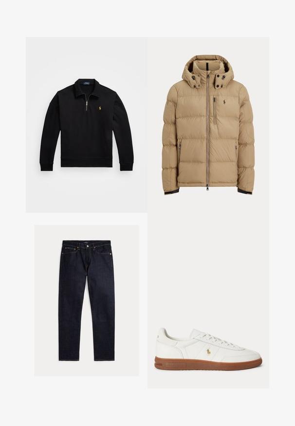 Beige padded winter jacket with hood, full front zipper, two side zip pockets, and logo on the left chest.; Black pullover sweatshirt with a quarter zipper, ribbed cuffs and hem, featuring a small embroidered gold logo on the left chest.; Dark indigo straight-leg jeans with five pockets, button and zipper closure, and contrasting orange stitching on a plain background.; White low-top sneaker with brown sole, lace-up front, and small gold Polo Ralph Lauren logo on side.