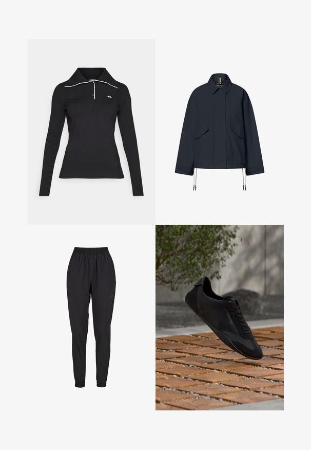 Ecoalf MAJOR - Chaqueta de entretiempo - dark navy; Polo negro de manga larga con textura acanalada, tapeta de tres botones y detalle de cuello blanco en contraste. Logo bordado en el pecho.; Pantalones negros de cintura elástica con puños fruncidos, diseño de pierna recta, fabricados con un material ligero y con un logo sutil en el lateral.; Zapatilla negra de Calvin Klein con cordones flotando sobre un suelo de madera y piedra con patrón, con plantas y una pared al fondo.