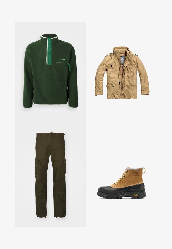 Tan yderjakke med høj krave, flere frontlommer og lynlås-lukning. Stof ser holdbart ud med en glat tekstur.; Grøn fleecepullover med høj krave, der har en kontrasterende hvid lynlås, trykknapper og en lynlåslomme på brystet. Struktureret stof.; Olivenfarvede cargo bukser lavet af slidstærkt stof, med knaplukning, flere sidelommer og elastiske manchetter ved anklerne.; Brun og sort isoleret snørestøvle til vinter med gummisål og Vibram-mønster, med Sorel- og Gore-Tex-logoer.