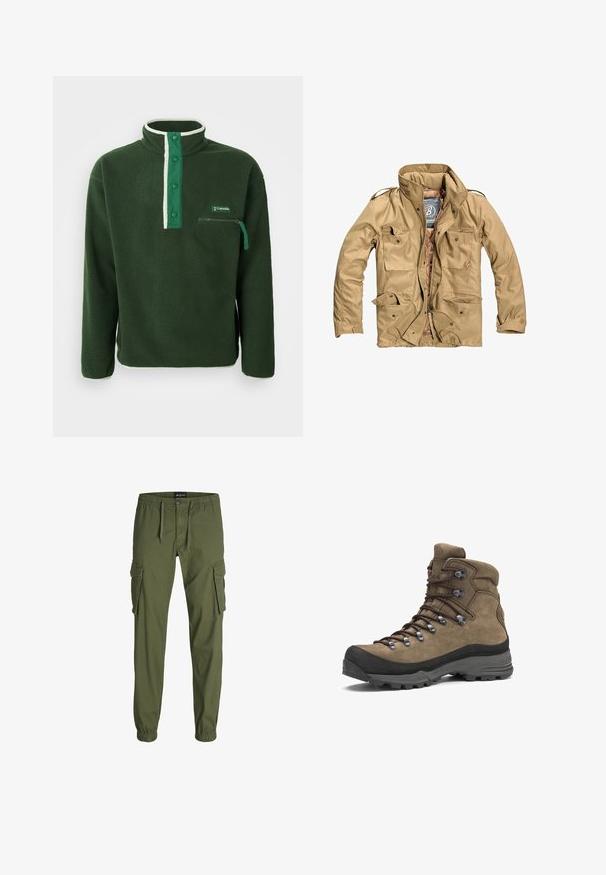 Chaqueta exterior color marrón claro con un alto cuello, múltiples bolsillos frontales y un cierre con cremallera. La tela parece duradera con una textura suave.; Polaire verde con cuello alto, que presenta una cremallera blanca en contraste, botones a presión y un bolsillo en el pecho con cremallera. Tejido texturizado.; Pantalones cargo verde oliva con cinturilla elástica, cordón, dos grandes bolsillos laterales y puños ajustados. Fabricados con un tejido duradero.; Bota de senderismo marrón de caña alta con suela negra, ojales metálicos y collar acolchado diseñada para uso en exteriores y soporte para el tobillo.