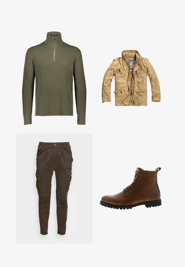 Chaqueta exterior color marrón claro con un alto cuello, múltiples bolsillos frontales y un cierre con cremallera. La tela parece duradera con una textura suave.; Suéter de punto acanalado verde oliva con cuello alto y cierre de cremallera de cuarto. Presenta mangas largas y un acabado texturizado.; Pantalones cargo marrones con un corte relajado. Con un cinturón elástico, bolsillos laterales y piernas ajustadas con puños elásticos. Fabricados con un tejido duradero.; Botas de cuero marrón hasta el tobillo con acabado texturizado, ojales de metal y suela de goma negra con protuberancias. Presenta una lengüeta en la parte posterior para facilitar su uso.