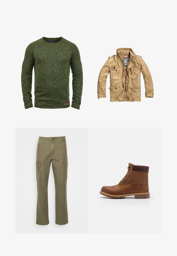 Chaqueta exterior color marrón claro con un alto cuello, múltiples bolsillos frontales y un cierre con cremallera. La tela parece duradera con una textura suave.; Suéter verde hecho de tejido de punto texturizado, con cuello redondo, mangas largas y un pequeño parche de logo marrón en la parte inferior delantera.; Pantalones cargo verde oliva fabricados en algodón. Incluyen dos bolsillos laterales y un diseño de pierna recta. Textura suave con costuras visibles.; Botas de senderismo de cuero marrón con un acabado suave, tobillo acolchado, ojales de metal y suela de goma con un patrón de tracción robusto.