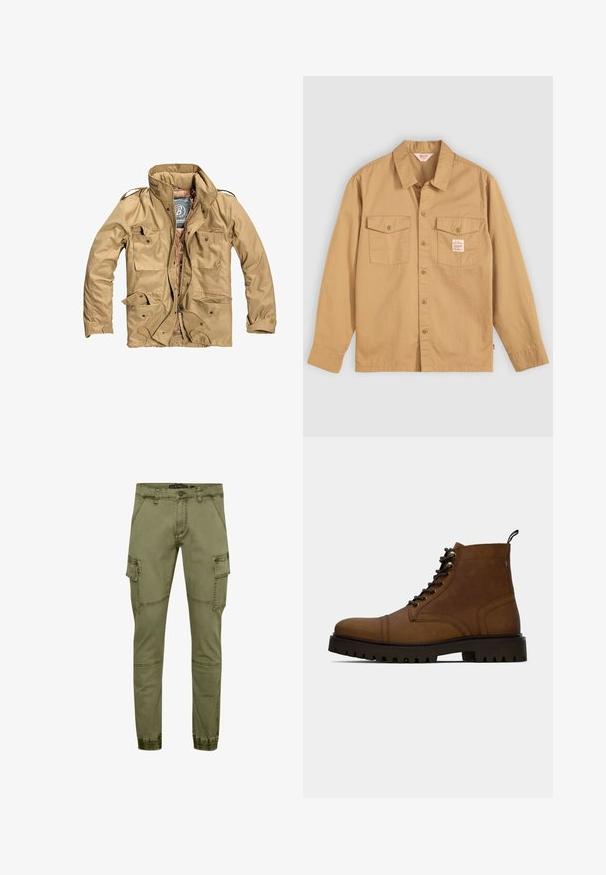 Veste extérieure beige avec un col haut, plusieurs poches à l'avant et une fermeture éclair. Le tissu semble durable avec une texture lisse.; Chemise beige à manches longues, avec deux poches sur la poitrine et une petite étiquette. Fabriquée en coton avec une texture lisse et un design de col classique.; Pantalons cargo vert olive en mélange de coton, dotés de plusieurs poches, de jambes fuselées et de poignets élastiques pour un look ajusté.; Botte de cheville en cuir marron à lacets avec semelle crantée noire épaisse et languette, sur fond blanc.
