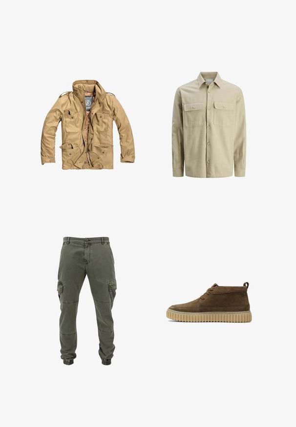 Beigefarbene Außenjacke mit hohem Kragen, mehreren vorderen Taschen und einem Reißverschluss. Der Stoff wirkt strapazierfähig und hat eine glatte Textur.; Beige Hemd mit langen Ärmeln, strukturiertem Stoff, zwei vorderen Brusttaschen und klassischem Kragen.; Cargo-Hose aus olivgrünem Baumwollmaterial mit elastischen Bündchen, mehreren Seitentaschen und geradem Bein. Strapazierfähiger Stoff mit matter Oberfläche.; Braune Wildleder-Stiefeletten mit runder Zehenform, minimalen Nähten und einer strukturierten, klobigen Gummisohle. Mit Schnürdesign und Fersenlasche.