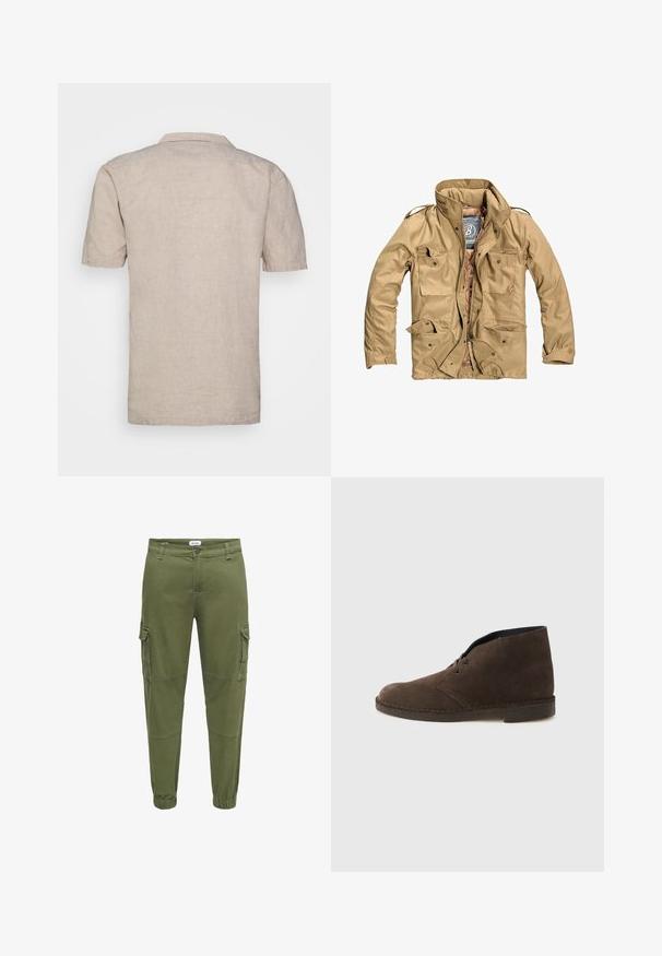 Veste extérieure beige avec un col haut, plusieurs poches à l'avant et une fermeture éclair. Le tissu semble durable avec une texture lisse.; Chemise en lin beige à manches courtes avec un col, dotée d'un tissu texturé et d'un ourlet droit, sans motifs visibles ni accents.; Pantalon cargo vert olive en mélange de coton, avec poches latérales, poignets élastiques et détails de couture visibles pour une texture accrue.; Botte cheville en daim marron avec deux œillets, talon bas et semelle cousue sur un fond gris clair uni.