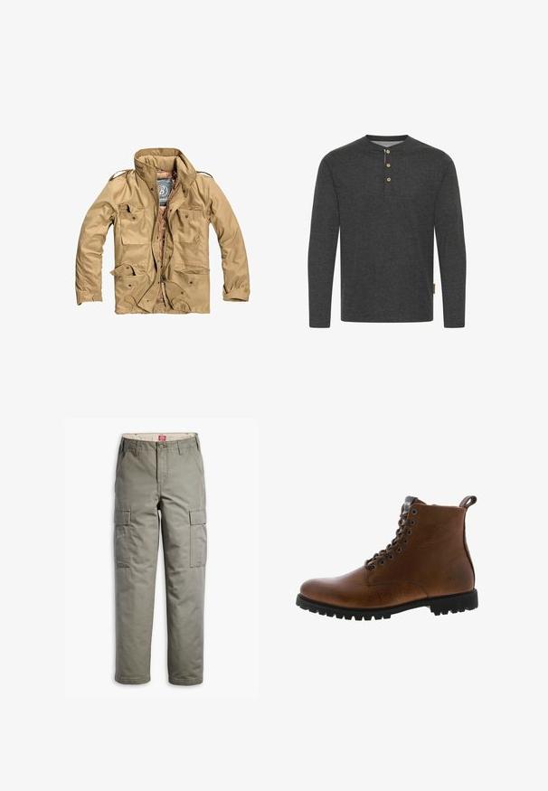 Beigefarbene Außenjacke mit hohem Kragen, mehreren vorderen Taschen und einem Reißverschluss. Der Stoff wirkt strapazierfähig und hat eine glatte Textur.; Dunkelgraues Langarmshirt aus weichem Material, mit einem Henley-Ausschnitt und drei Holzknöpfen sowie einem Seitenschild.; Cargo-Hosen in Olivgrün, aus strapazierfähigem Baumwollmix, mit seitlichen Taschen, einem geraden Bein-Design und Knopfverschluss.; Braune Lederstiefeletten mit strukturiertem Finish, metallischen Ösen und schwarzer Gummisohle. Mit Zuglasche hinten für einfaches An- und Ausziehen.