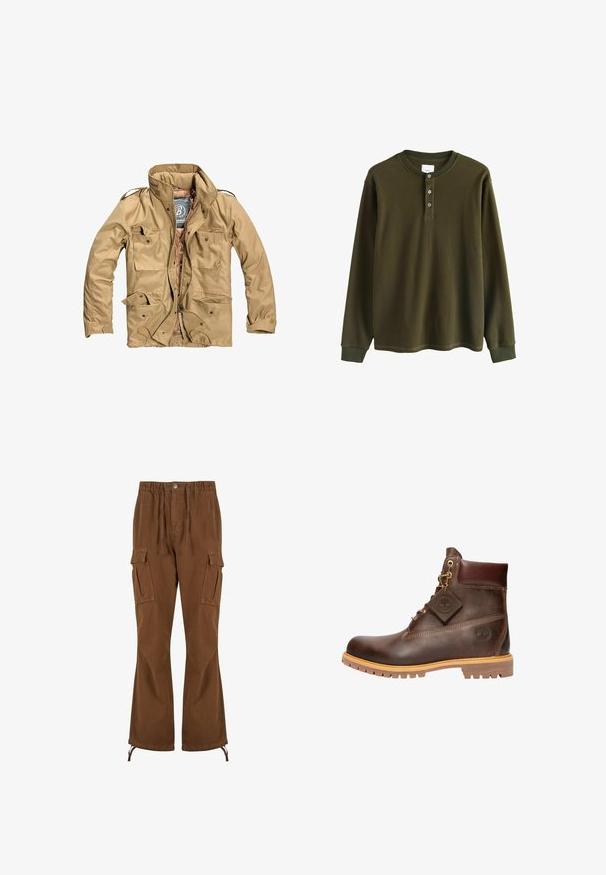 Tan buitenjack met een hoge kraag, meerdere voorke pockets en een ritssluiting. Stof lijkt duurzaam met een gladde textuur.; Olijfgroene langemouwen wafelgebreide henleyshirt met geribbelde manchetten en drie knopen bij de kraag.; Bruine cargobroek met een elastische tailleband, trekkoorddetails, twee zijzakken en bredere pijpen met verstelbare zoom.; Bruine leren enkelboot met een ronde neus, stevige zool, hardware in goudkleur en een gestructureerde bovenkant. Inclusief een merklabel dat is bevestigd.