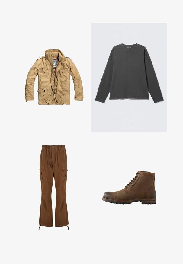 Tan yderjakke med høj krave, flere frontlommer og lynlås-lukning. Stof ser holdbart ud med en glat tekstur.; Mørkegrå langærmet henley-shirt med rund halsudskæring og tre knapper på frontpladen.; Brune cargobukser med elastik i taljen, snoredetaljer, to sidelommer og bredere ben med justerbare kantbånd.; Brun læderankelstøvle med snørelukning foran og robust sål, designet til casual eller udendørs brug.