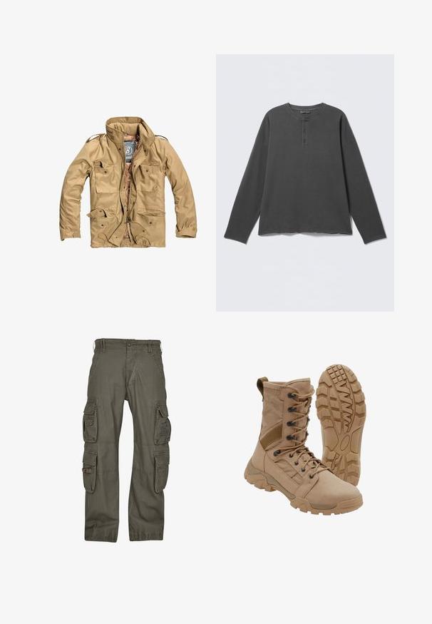 Tan yderjakke med høj krave, flere frontlommer og lynlås-lukning. Stof ser holdbart ud med en glat tekstur.; Mørkegrå langærmet henley-shirt med rund halsudskæring og tre knapper på frontpladen.; Cargo bukser lavet af olivengrønt bomuld, med flere sidelommer, en afslappet pasform og forstærkede syninger for holdbarhed.; Brun taktisk støvle med snørelukning i ankellængde og robust gummisål, en støvle står oprejst og den anden viser slidbanemønster.
