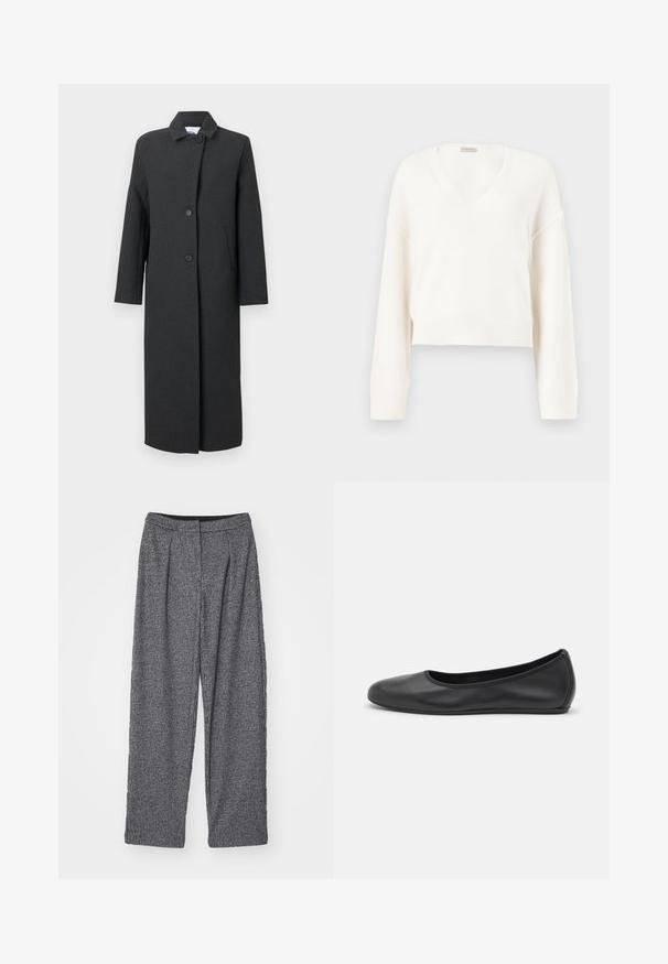 Lang mørkegrå uldfrakke med ståkrave, tre frontknapper, lange ærmer og sidelommer.; Hvid strikket cropped sweater med lange ærmer og V-udskæring, vist på en neutral baggrund.; Grå rutede bukser med høj talje, bred benvidde og plissee. Fremstillet af strukturstof med et monokrom mønster.; Sort læderballetsko med rund tå, glat tekstur, minimal syning og et fleksibelt såldesign.