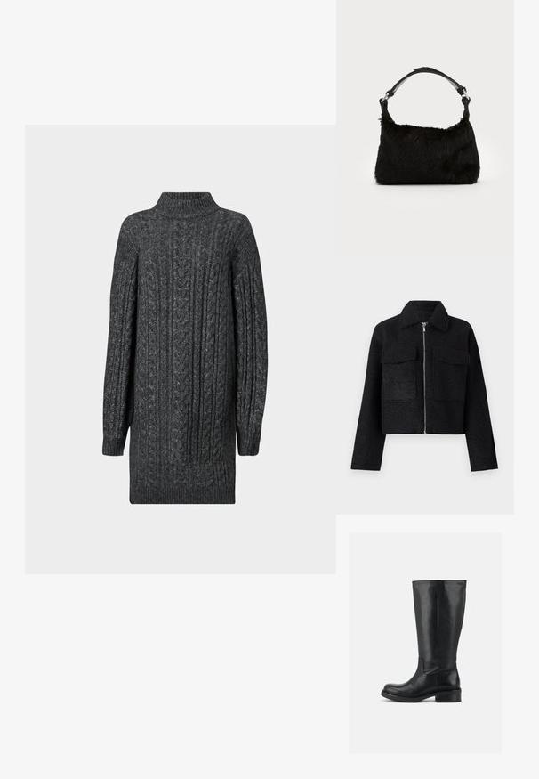 Veste noire cropped en tissu texturé, avec une fermeture éclair, un col et deux poches avant. Design simple sans motifs.; Robe pull longue en tricot à côtes gris foncé avec un col montant, des poignets et un ourlet côtelés sur fond blanc.; Bottes hautes en cuir noir avec talon bloc bas et bout arrondi, dessus lisse avec coutures minimales sur fond uni.; Sac à main en fausse fourrure noire avec une texture douce, une forme arrondie et une bandoulière en cuir noir robuste. Accent en métal argenté visible.