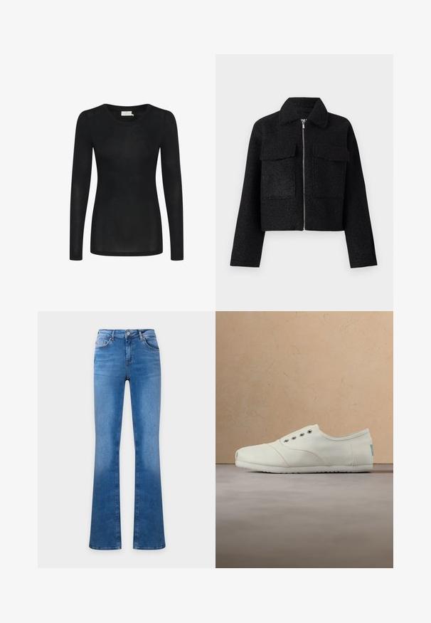 Veste noire cropped en tissu texturé, avec une fermeture éclair, un col et deux poches avant. Design simple sans motifs.; T-shirt noir à manches longues en matériau léger et transparent. Doté d'un décolleté rond et d'une silhouette cintrée avec un ourlet droit.; Jean en denim bleu avec une taille haute et des jambes évasées, avec poches avant et arrière et fermeture par bouton.; Baskets en toile blanche avec cinq œillets métalliques, doublure intérieure rayée, bout arrondi et semelle en caoutchouc texturée. Suspendues au-dessus d'une surface tissée.