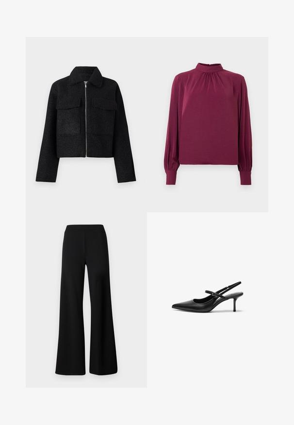 Sort cropped jakke lavet af tekstureret stof, med lynlås foran, krave og to forlommer. Enkelt design uden mønstre.; Langærmet bluse med høj hals i mørk burgunder stof; har samlingdetaljer ved halsudskæringen og tætsiddende manchetter. Glat tekstur.; Sorte vide bukser lavet af blød, strækbar stof. Har en glat, elastisk talje og et enkelt, udekoreret design.; Sorte læder slingback hæle med spids tå, slank justerbar rem og en stiletto hæl på cirka 5 cm, glat tekstur.