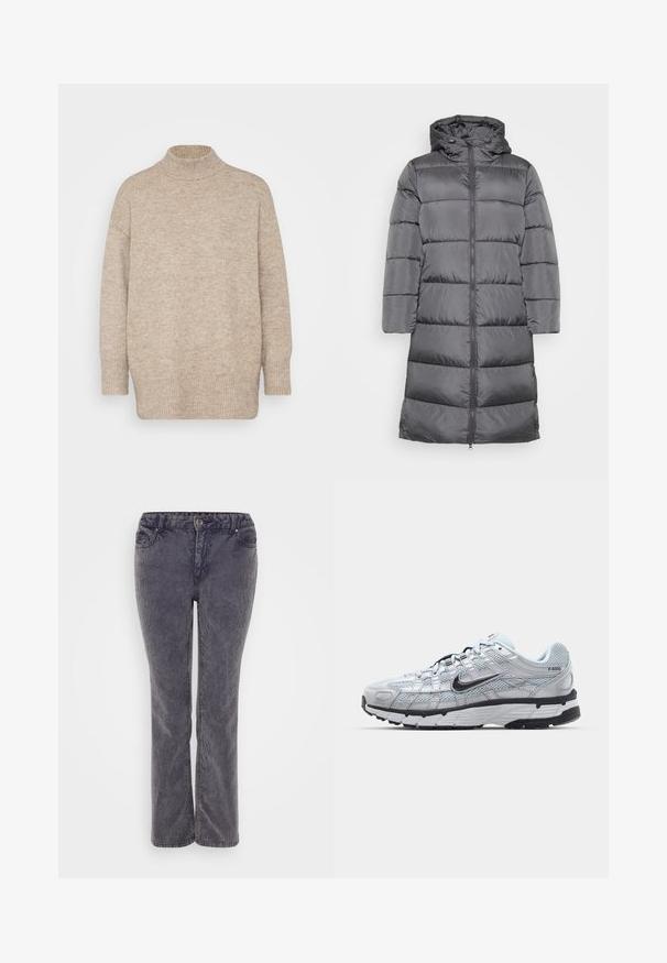 Manteau en duvet gris avec capuche, doté d'une fermeture éclair à l'avant, de manches longues et de sections matelassées pour l'isolation. Texture lisse et brillante.; Pull à col roulé beige fabriqué en maille douce, doté de manches longues et d'une coupe décontractée, avec des détails de bord-côte aux poignets et à l'ourlet.; Jean en denim gris avec une coupe droite, doté d'une fermeture éclair, de cinq poches et de détails subtils sur la texture du tissu.; Baskets Nike P-6000 avec une tige en mesh gris clair, des accents noirs et une semelle en caoutchouc noir durable. Présente un design complexe et un système de laçage.
