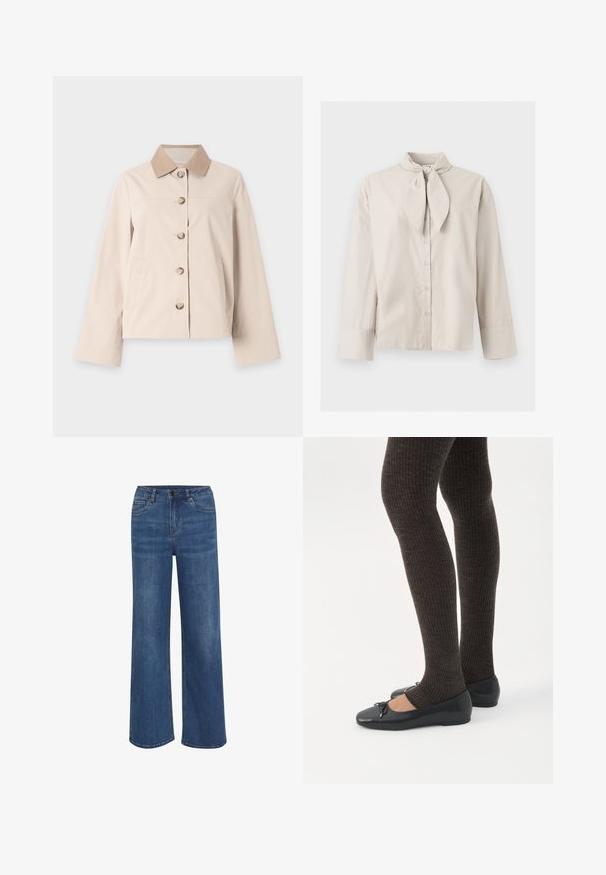 Beige blousejack met lange mouwen en een contrasterende lichtbruine kraag, getoond op een effen lichte achtergrond.; Beige blouse met lange mouwen en knopen, een gestrikte halsdetail en brede manchetten aan de mouwen, afgebeeld op een effen lichte achtergrond.; Wijduitlopende jeans van middelblauwe denim. Voorzien van een knoop- en ritssluiting, vijf zakken en subtiele vervaging op de stof.; Benen met donkere geribbelde leggings gecombineerd met zwarte ballerina's met kleine strikdetails op een witte achtergrond.