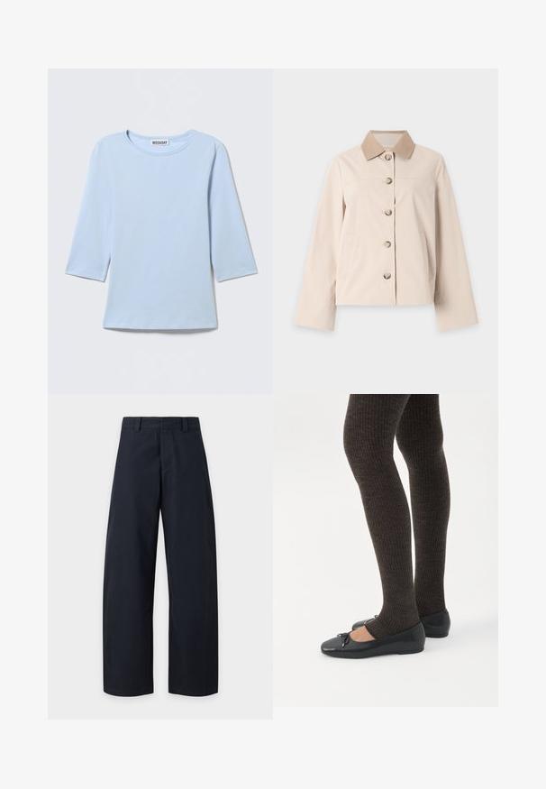 Veste beige à boutons avec manches longues et col marron clair contrastant, présentée sur un fond clair uni.; Chemise bleu clair à manches longues avec col rond, design uni, et étiquette "WEEKDAY" au dos du col.; Pantalon bleu marine à jambes larges, avec passants de ceinture et fermeture éclair sur le devant, sur un fond clair uni.; Jambes portant des leggings côtelés foncés associés à des ballerines noires avec de petits détails en nœud sur fond blanc.