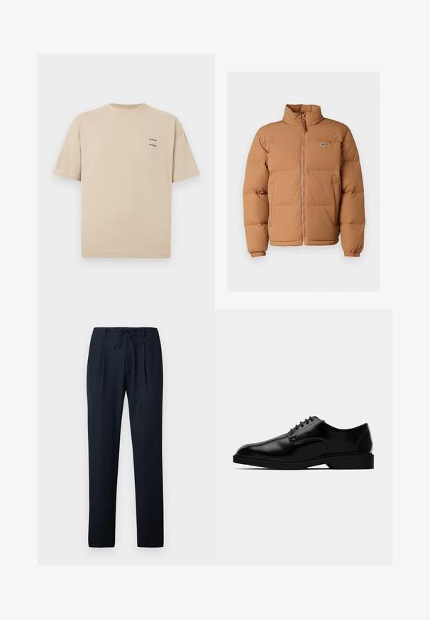 Bruine pufferjack met een hoge kraag, een ritssluiting aan de voorkant en elastische manchetten. Heeft een klein groen logo op de linkerborst. Glad textuur.; Beige katoenen T-shirt met een ronde halslijn en korte mouwen. Heeft een klein tekstlogo op de linkerbovenkant. Eenvoudig, onopgesmukt ontwerp.; Marineblauwe broek van een lichtgewicht stof, met een gestructureerd patroon, geplooide voorkant en een elastische tailleband met een trekkoord.; Zwarte leren dresschoenen met een gladde afwerking, ronde neus, vetersluiting en een bescheiden rubberen zool voor grip.