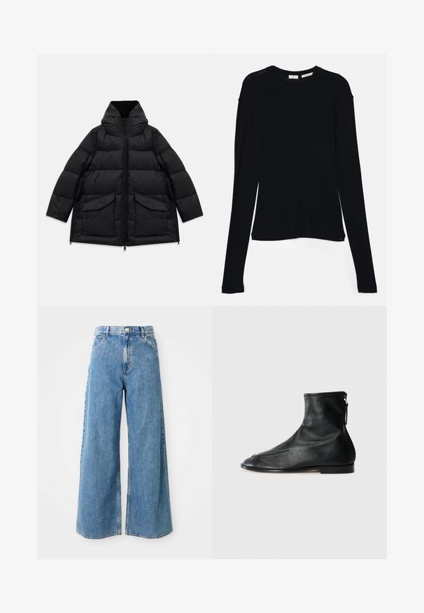 Manteau d'hiver matelassé noir avec col haut, fermeture éclair à l'avant, deux grandes poches à rabat et zips sur les côtés sur fond blanc.; Haut noir à manches longues en tissu doux, avec un col rond et une coupe décontractée, doté de fentes sur les côtés à l'ourlet pour faciliter les mouvements.; Jean en denim léger bleu clair à taille haute, avec fermeture à boutons et à glissière à l'avant, et poches avant sur fond blanc.; Bottines en cuir noir avec un design à bout pointu, texture lisse et une fermeture éclair sur le côté pour un enfilage facile. Talon bas, style minimaliste.
