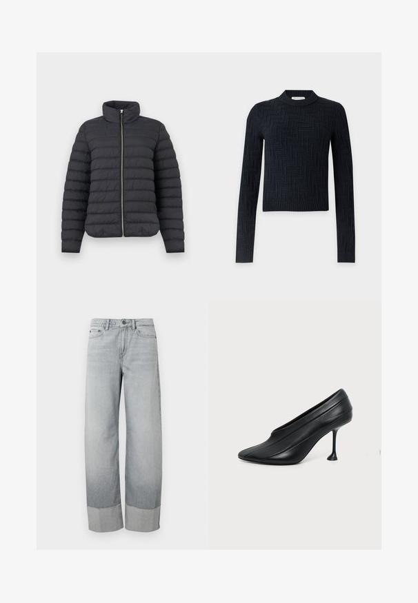 Veste matelassée noire en duvet avec col montant, fermeture éclair argentée à l'avant, manches longues et détails de couture horizontale.; Pull en maille noir à manches longues avec un motif zigzag subtil et un col, des poignets et un ourlet côtelés, posé à plat sur un fond blanc.; Jean en denim gris clair à coupe large, avec un revers doublement retourné et un léger effet délavé. Fermeture devant standard avec bouton et fermeture éclair.; Chaussure à talon haut en cuir noir avec bout pointu, semelle incurvée et talon stiletto fin évasé sur fond clair uni.