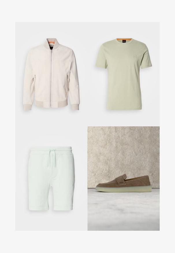 Helle beige Lederjacke mit Stehkragen, Frontreißverschluss und zwei seitlichen Reißverschlusstaschen. Gerippte Bündchen und Saum sorgen für Textur.; Hellgrünes T-Shirt mit kurzen Ärmeln aus Baumwolle. Verfügt über ein kleines quadratisches Logo auf der Brust und einen orangen Akzent am Ausschnitt.; Helle mintgrüne Baumwollshorts mit elastischem Bund, verstellbarem Kordelzug, seitlichen Taschen und Logodetail am rechten Bein.; Beiger Wildleder-Slipper mit weißer Gummisohle und BOSS-Logo auf der seitlichen Riemen, präsentiert vor einem schlichten neutralen Hintergrund.