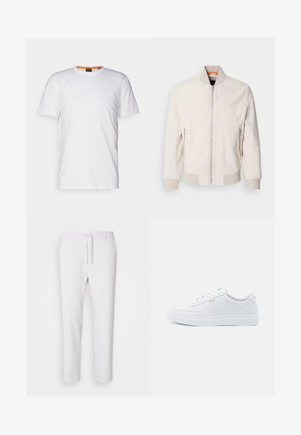 Lichtbeige leren jas met een staande kraag, vooraan met een ritsluiting en twee ritszakken aan de zijkant. Geribbelde manchetten en zoom voegen textuur toe.; Witte katoenen T-shirt met ronde hals, korte mouwen en een subtiel reliëflogo op de borst. Het binnenlabel heeft een oranje accent.; Witte taps toelopende broek met een elastische tailleband, trekkoordsluiting, een gladde textuur en zonder zichtbare patronen of accenten.; Witte leren sneakers met een gladde textuur, ronde neus en tonale stiksels. Voorzien van blauwe veters en een gouden logo op de zijkant.
