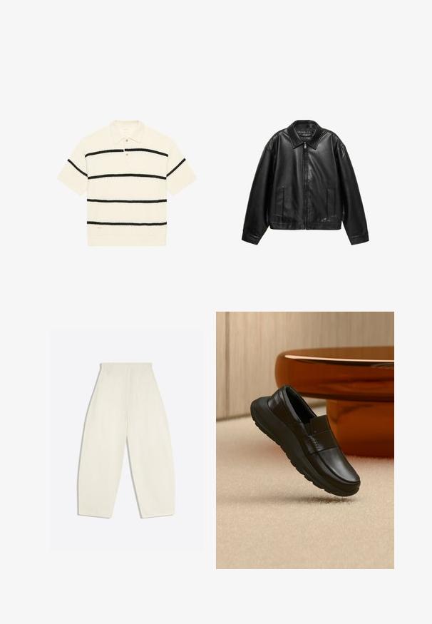 Zwarte leren jas met een ritssluiting aan de voorkant, brede kraag en twee zijzakken. Losse pasvorm met een gladde textuur en een minimalistisch ontwerp.; Korte mouwen polo shirt, wafelstructuur, crème kleur met zwarte horizontale strepen, drie-knopen sluiting, ribbelkraag en -zoom.; Crèmekleurige broek met hoge taille en wijde pijpen, met achterzakken en ceintuurlussen, plat gelegd op een lichte achtergrond.; Zwarte leren loafer met dikke zool, weergegeven boven een beige tapijt en dichtbij een ronde amberkleurige tafelpoot.