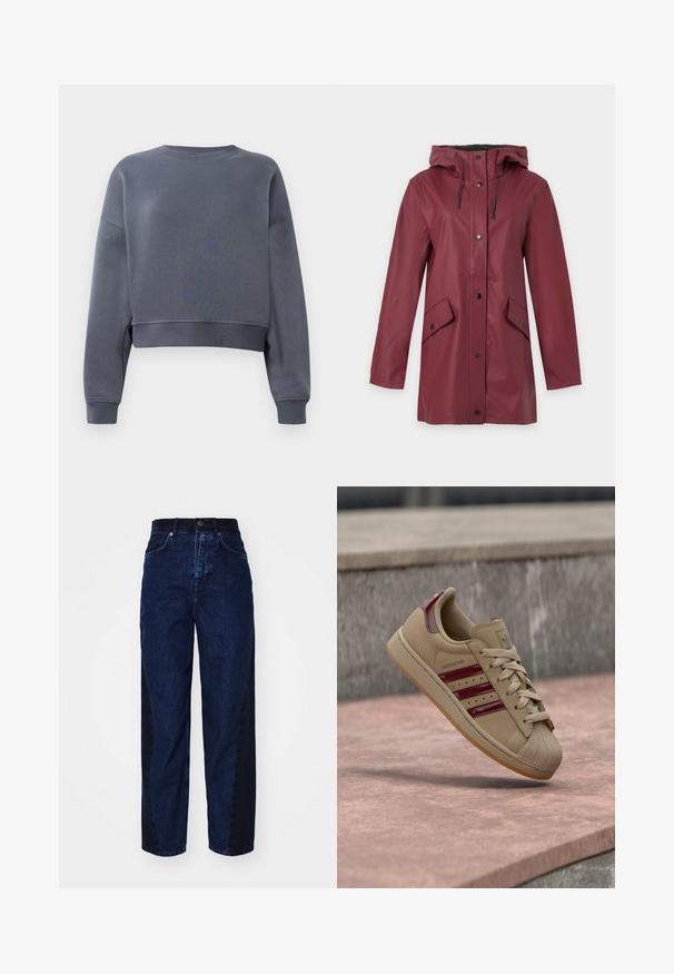 Gabardina larga burdeos con capucha, botones a presión delanteros, cordones ajustables y dos bolsillos frontales con solapa y cierre de presión.; Sudadera gris cortada hecha de una tela suave, con un cuello redondo, puños acanalados y un ligero patrón de textura en la parte delantera.; Jeans de mezclilla azul oscuro con un corte relajado, que cuentan con un panel lateral más oscuro en contraste, cinco bolsillos y un cierre de botón.; Zapatilla Adidas Superstar beige con rayas y talón burdeos, cordones beige y puntera de goma texturizada, vista sobre superficie de piedra rosa.