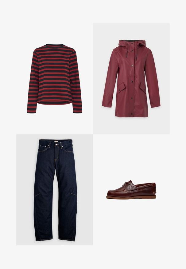 Gabardina larga burdeos con capucha, botones a presión delanteros, cordones ajustables y dos bolsillos frontales con solapa y cierre de presión.; Camisa de manga larga a rayas negras y rojas, con cuello redondo, de tela de algodón, corte relajado, con dobladillo recto y costuras laterales.; Pantalones vaqueros de mezclilla azul oscuro con corte de pierna recta, que presentan bolsillos delanteros y traseros, y costuras amarillas contrastantes. Sin adornos visibles.; Zapato náutico de cuero marrón con cordones, detalles de costura y logo de Timberland en el lateral, mostrado sobre un fondo blanco.