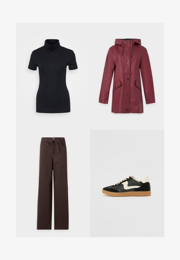 Bordeaux lang regnjakke med hætte, frontknapper, snorejustering og to frontlommer med klap og knaplukning.; Sorte ribbede turtleneck top, korte ærmer, tætsiddende design, blød tekstur, minimale sømme og en høj krave.; Mørkebrune bukser med vide ben, forreste knaplukning, lynlås, bæltestropper, forlommer og et bundet stofbælte i taljen.; Sorte ruskinds- og lædersneakers med en cremefarvet side-swoosh og lys cremefarvet hæl. Har beige snørebånd og en gummirubber-sål.