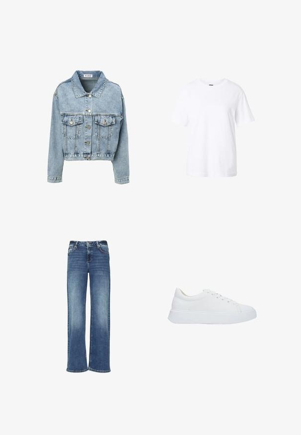Hellblaue Jeansjacke mit kurzem Schnitt, großem Kragen, zwei Brusttaschen und silbernen Druckknöpfen. Die abgenutzte Struktur verleiht optisches Interesse.; Schlichtes weißes T-Shirt mit kurzen Ärmeln, Rundhalsausschnitt, lockerer Passform und kleinem Etikett innen im Kragen.; Weite blaue Denim-Jeans mit einem verblassten Waschung, Knopfverschluss und Fünf-Taschen-Design. Merkmale sind gerade und lockere Passform.; Weiße Leder-Sneaker mit runder Zehenpartie, flachen Schnürsenkeln und einer dicken Gummisohle. Glatte Oberfläche mit minimalen Nähdetails.