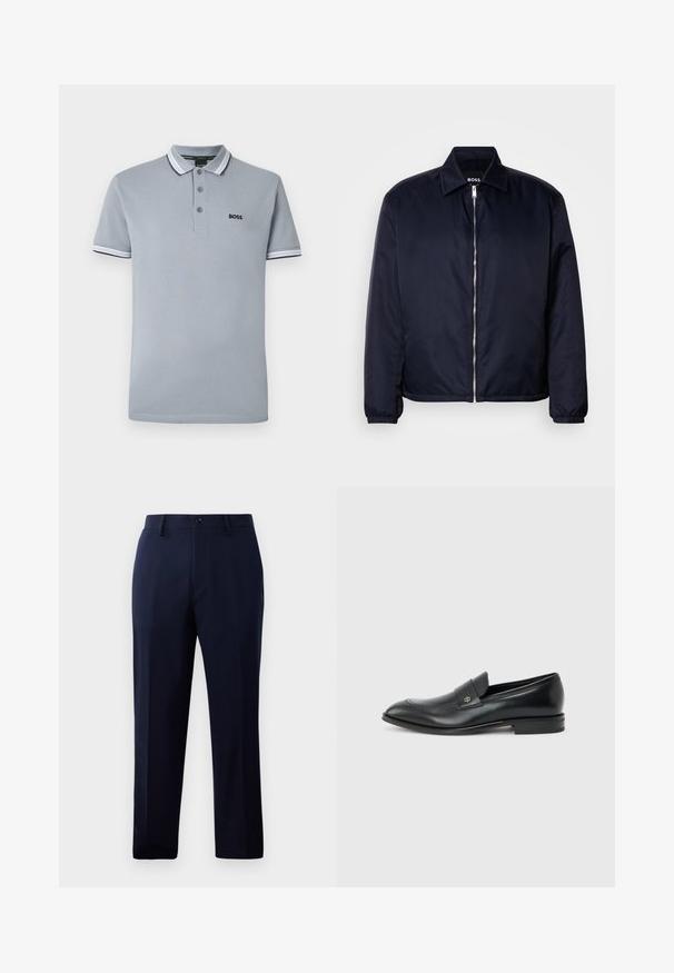 Chaqueta bomber azul marino con cierre de cremallera, cuello, puños elásticos, tejido texturizado con un patrón sutil y dobladillo recto.; Polo de color gris claro con tres botones, ribete bicoloreado en el cuello y las mangas, y un pequeño logotipo negro de "BOSS" en el pecho.; Pantalones navy hechos de una tela suave, con un diseño clásico de pierna recta, bolsillos frontales y un cierre de botón en la cintura.; Mocasín de cuero negro para hombre con tacón bajo, punta redondeada y pequeño logo metálico en la correa, mostrado de perfil sobre un fondo liso.
