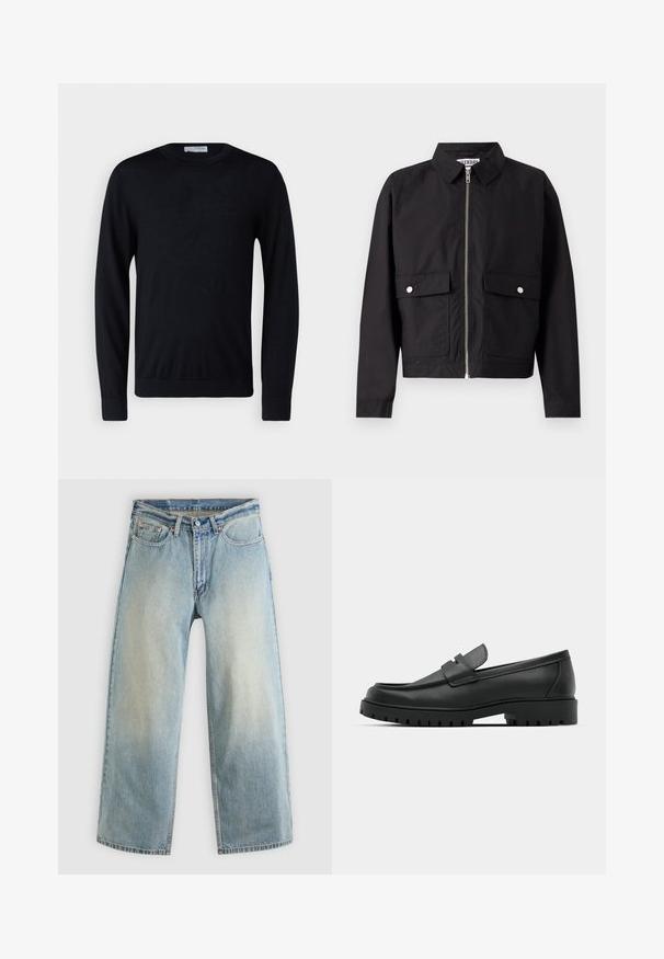 Veste noire avec fermeture éclair à l'avant, col court et deux poches frontales. Le tissu semble lisse et résistant à l'eau. Design simple, sans motifs.; Pull noir à manches longues, col rond, avec poignets et ourlet côtelés, présenté sur fond blanc.; Jean denim bleu clair à jambes larges avec une finition délavée. Comprend un design standard à cinq poches et une fermeture à bouton métallique.; Mocassins en cuir noir à bout arrondi, avec un design cousu, une semelle plateforme basse et une semelle en caoutchouc texturée et crantée.