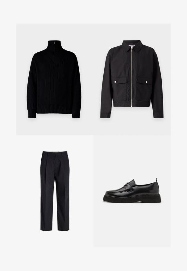 Veste noire avec fermeture éclair à l'avant, col court et deux poches frontales. Le tissu semble lisse et résistant à l'eau. Design simple, sans motifs.; Pull en maille côtelée noir avec un demi-fermeture éclair au col, doté de manches longues et d'une coupe décontractée. La texture est douce et épaisse.; Pantalon noir à jambes droites avec taille, passants de ceinture, fermeture éclair à l'avant et poches latérales, présenté sur fond blanc.; Chaussures en cuir noir de style mocassin avec une semelle plate et texturée, présentant un bout piqué et une sangle traversant le cou-de-pied.