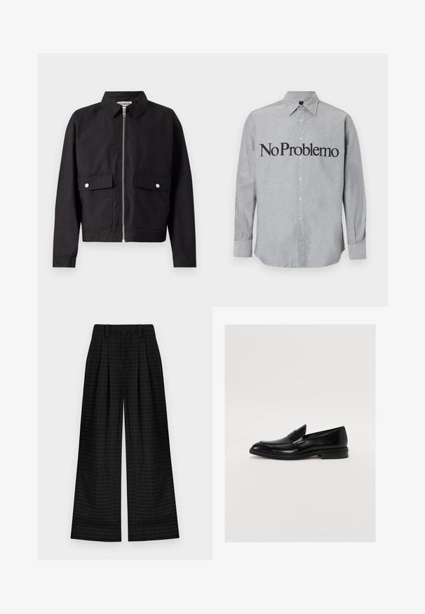 Sort jakke med lynlås foran, kort krave og to forlommer. Stoffet ser glat og vandafvisende ud. Enkel design, uden mønstre.; Grå skjorte med knaplukning og krave, lange ærmer og "No Problemo" trykt i store sorte bogstaver på forsiden. Glat, let stof.; Sorte ternede brede bukser med læg, der har en glat tekstur og klassisk design. Letvægtsstof for komfort.; Sorte læder loafers med rund tå, subtil syning og en glat overflade. Har en lav stablet hæl og en strop over vamsen.