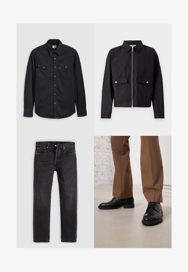 Veste noire avec fermeture éclair à l'avant, col court et deux poches frontales. Le tissu semble lisse et résistant à l'eau. Design simple, sans motifs.; Chemise en denim noir avec col boutonné, deux poches poitrine et un col pointu avec des détails de couture visibles.; Jean en denim noir à coupe droite, avec deux poches avant, une poche à monnaie et des rivets en métal. Design classique à cinq poches.; Chaussures en cuir noir avec une surface lisse et un bout arrondi, dotées d'un système de laçage et d'une semelle plate et basse. Associées à un pantalon marron.