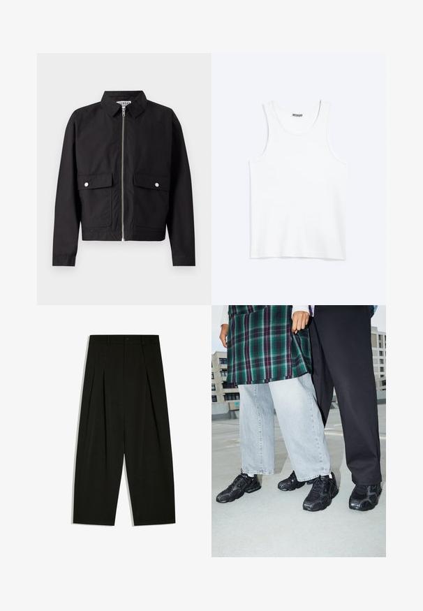 Sort jakke med lynlås foran, kort krave og to forlommer. Stoffet ser glat og vandafvisende ud. Enkel design, uden mønstre.; Hvid ærmeløs tanktop med rund halsudskæring og Weekday-mærke på den indvendige baghals, vist fladt på lys baggrund.; Sorte vidde bukser med plisseringer, bæltestropper og knaplukning i taljen.; Sorte atletik sko med mesh- og gummidetaljer. Båret med lysegrå vide jeans og en ternet grøn bluse. Flad overflade i baggrunden.