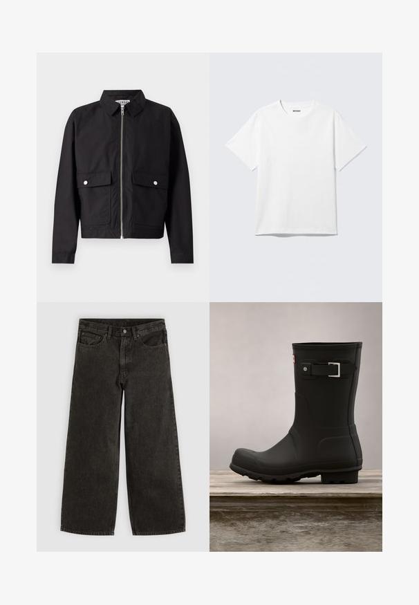 Veste noire avec fermeture éclair à l'avant, col court et deux poches frontales. Le tissu semble lisse et résistant à l'eau. Design simple, sans motifs.; T-shirt blanc à manches courtes et col rond, étalé à plat, design uni, avec l'étiquette "WEEKDAY" à l'intérieur du col sur un fond clair.; Jean en denim noir à jambes larges avec bouton et fermeture éclair à l'avant, passants de ceinture, et cinq poches, étalé à plat sur un fond blanc.; Botte de pluie en caoutchouc noir avec un petit talon, un bout arrondi et un accent en boucle en argent. Présente une semelle texturée pour une meilleure adhérence.
