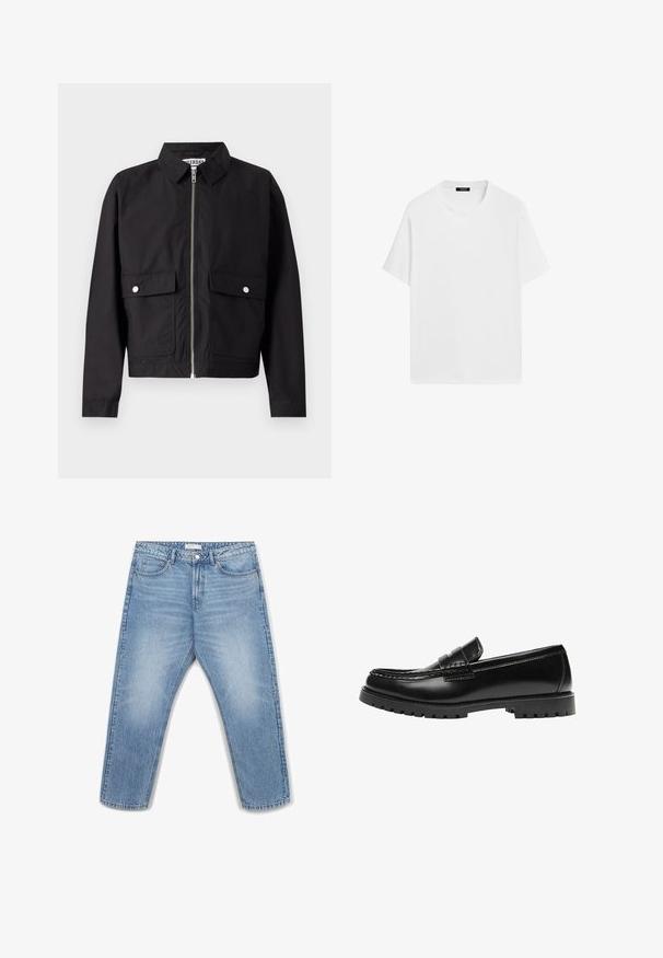 Schwarze Jacke mit Reißverschluss vorne, kurzem Kragen und zwei vorderen Taschen. Der Stoff wirkt glatt und wasserabweisend. Einfaches Design, ohne Muster.; Weißes Baumwoll-T-Shirt mit kurzen Ärmeln, rundem Halsausschnitt und lockerer Passform. Glatte Textur und minimalistisches Design, ohne Muster oder Akzente.; Hellblaue Jeans aus Denim mit geradem Bein, fünf Taschen, Metallknopfverschluss und dezenten Ausbleichungen auf dem Stoff.; Schwarzer Leder-Slipper mit dicker Gummisohle und klassischem Penny-Detail an der Riemen, von der Außenseite gezeigt.