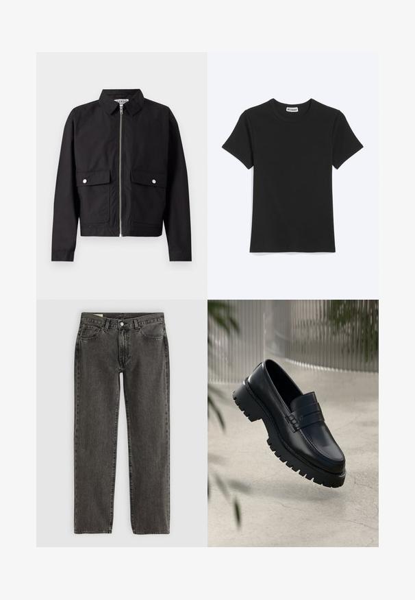 Veste noire avec fermeture éclair à l'avant, col court et deux poches frontales. Le tissu semble lisse et résistant à l'eau. Design simple, sans motifs.; T-shirt noir uni à manches courtes et col rond avec une étiquette de la marque Weekday à l’intérieur du col, présenté sur fond blanc.; Jean droit noir délavé avec cinq poches, fermeture à bouton et passants de ceinture, posé à plat sur un fond blanc.; Mocassins en cuir noir avec une semelle à crampons épaisse, dotés d'une sangle décorative et de détails de couture. Texture lisse avec une finition polie.