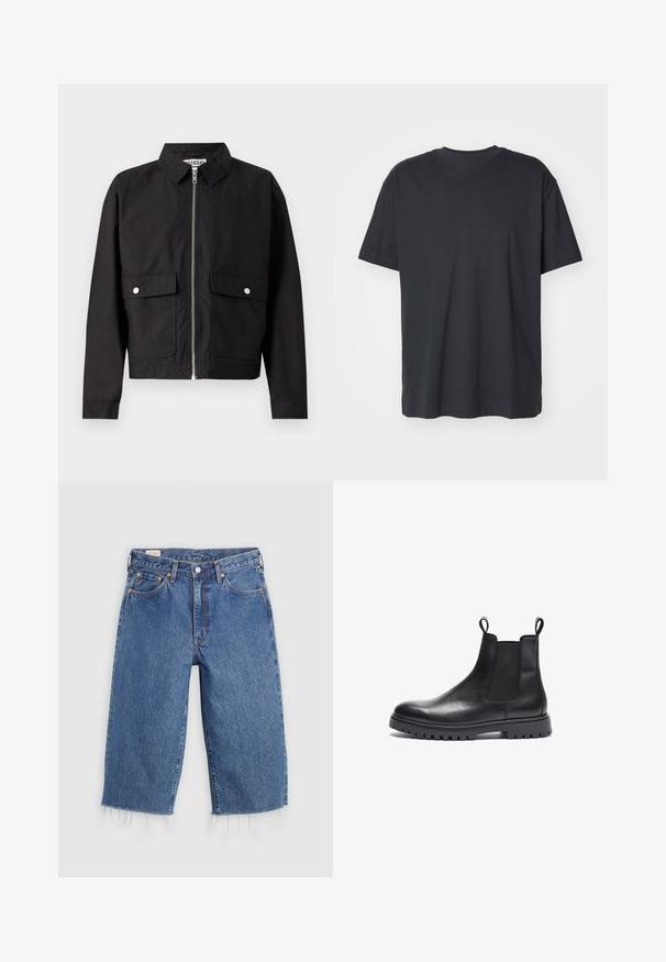 Sort jakke med lynlås foran, kort krave og to forlommer. Stoffet ser glat og vandafvisende ud. Enkel design, uden mønstre.; Sort bomulds T-shirt med korte ærmer, rund halsudskæring, afslappet pasform og glat tekstur. Ingen synlige mønstre eller yderligere detaljer.; Blå denimbukser med løs pasform, cropped længde og frynset kant. Har fem lommer og knaplukning i taljen.; Sorte læder Chelsea-støvler med tekstureret finish, elastiske sidepaneler og trækflapper. Har en kraftig gummisål med mønster.