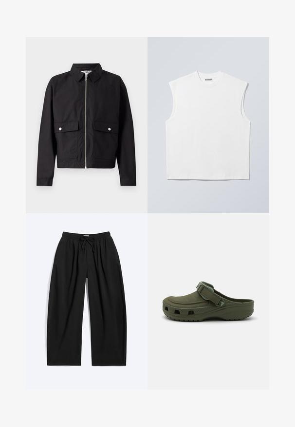 Veste noire avec fermeture éclair à l'avant, col court et deux poches frontales. Le tissu semble lisse et résistant à l'eau. Design simple, sans motifs.; Haut blanc sans manches en coton à col rond avec épaules structurées, marqué "WEEKDAY" sur l'étiquette du col, présenté sur un fond gris clair.; Pantalon noir à jambes larges avec taille élastique et cordon, avec poches latérales et coupe décontractée.; Sabot en caoutchouc vert avec sangle réglable et trous de ventilation. Texture lisse, bout arrondi, et semelle surélevée pour le confort.