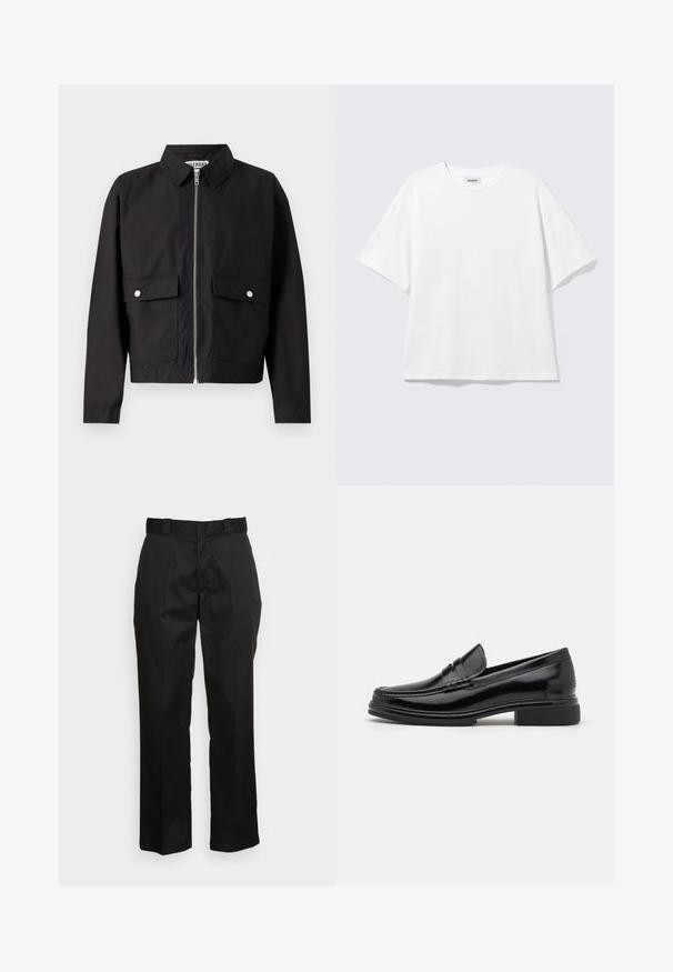 Sort jakke med lynlås foran, kort krave og to forlommer. Stoffet ser glat og vandafvisende ud. Enkel design, uden mønstre.; Hvid oversized t-shirt med korte ærmer og rund halsudskæring med sænkede skuldre, fladt lagt på lys grå baggrund.; Sorte bukser lavet af et glat stof med lige ben, bæltestropper og to sidelommer. Klassisk look uden udsmykninger.; Sorte læder loafers med en rund tå, der har en syet detalje over vristen og en lav blokhæl. Glat tekstur og blank finish.