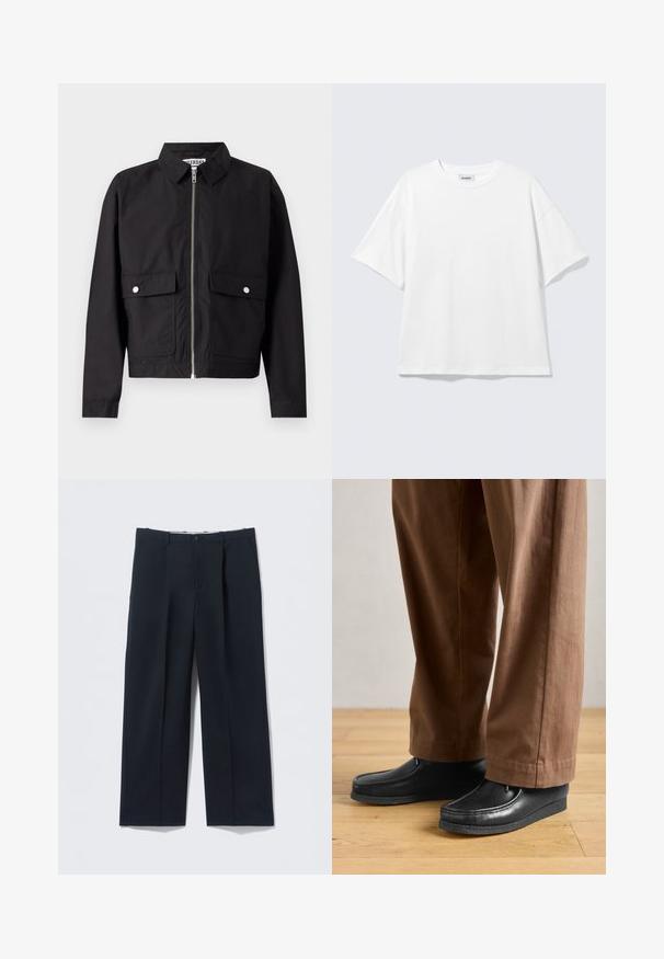 Chaqueta negra con cierre frontal, cuello corto y dos bolsillos delanteros. La tela parece suave y resistente al agua. Diseño sencillo, sin patrones.; Camiseta blanca de gran tamaño con mangas cortas, cuello redondo y hombros caídos, plana sobre fondo gris claro.; Pantalones azul marino oscuros hechos de tela suave, con un ajuste entallado, dos bolsillos delanteros y cierre de botón.; Zapatos de cuero negros con diseño de mocasín y detalles de costura, combinados con pantalones marrones, sobre un suelo de madera.