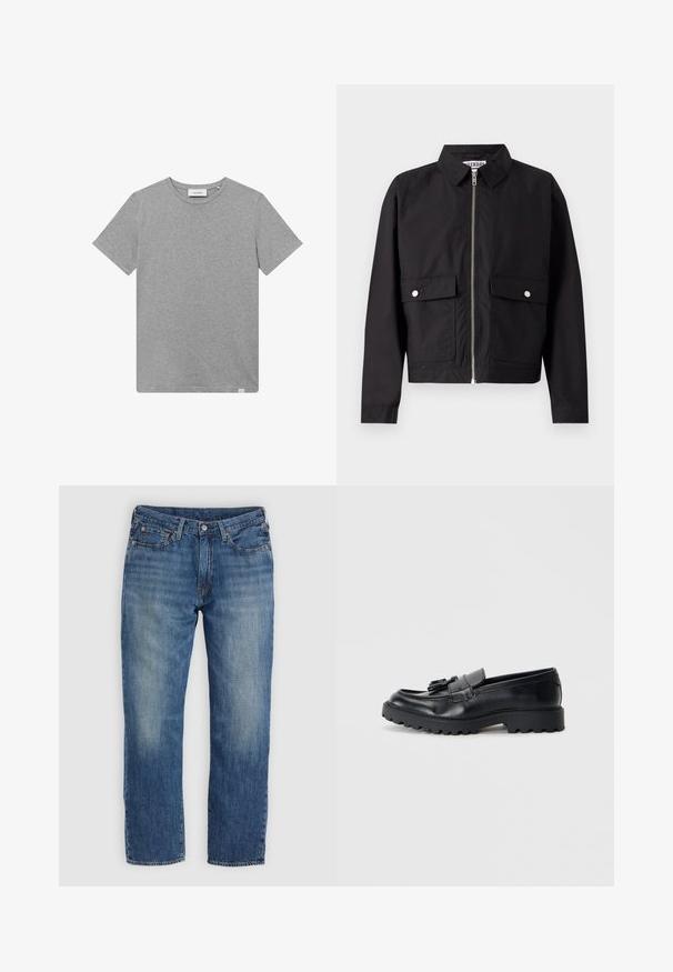 Chaqueta negra con cierre frontal, cuello corto y dos bolsillos delanteros. La tela parece suave y resistente al agua. Diseño sencillo, sin patrones.; Camiseta gris de manga corta hecha de una mezcla de algodón. Presenta un cuello redondo y un pequeño detalle de logo en el lado izquierdo del frente.; Vaqueros de mezclilla azul con corte recto en las piernas, con zonas descoloridas, diseño de cinco bolsillos y herrajes metálicos. Aspecto clásico y versátil.; Mocasines de cuero negro con un acabado brillante, suela de goma gruesa y detalle decorativo de borlas en la parte delantera.